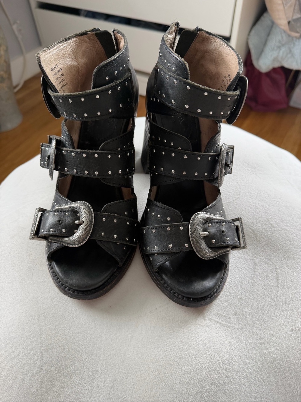 Freebird “Violet” Studded Strappy Black Leather Buckle Sandals